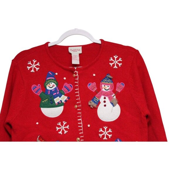 Vintage 90s Cardigan Sweater Small Petite Colorful Snowman Holiday Winter Ramie - Picture 2 of 11